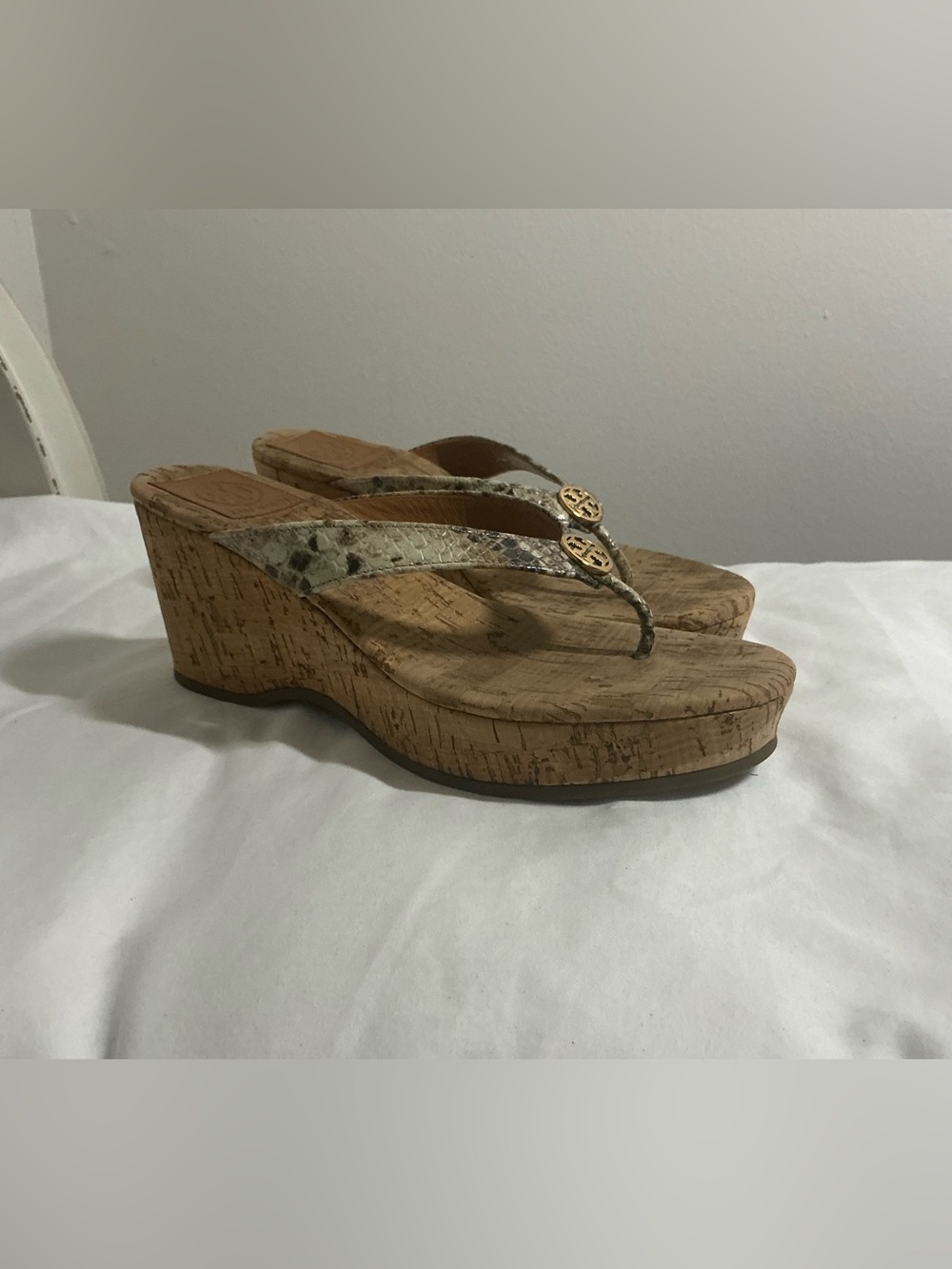 Tory Burch | Snake Print Cork Wedge Thong Sandals